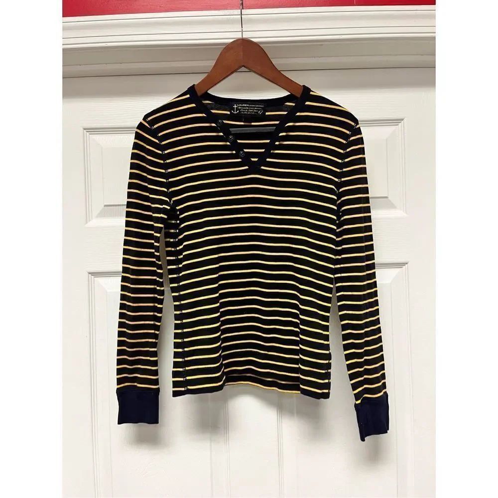 Lauren Jeans Company Navy & Yellow Stripe Y2K Henley Top sz XS